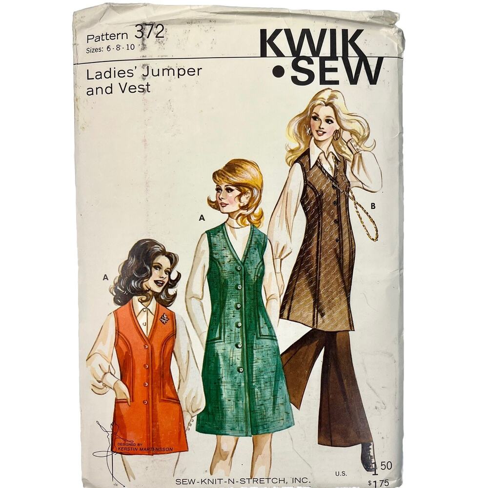 Vintage Kwik Sew Pattern #3732 Ladies Jumper and Vest Sizes 6-8-10 Knits Uncut